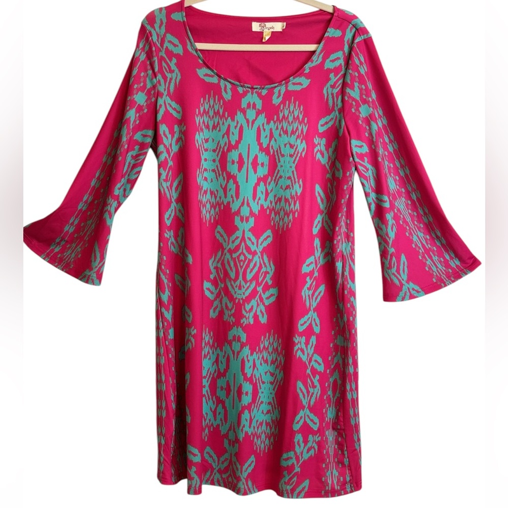 AUXUEH Women's Pink Turquoise Shift Dress 3/4 Bell Sleeves Soft Flowy Size Large